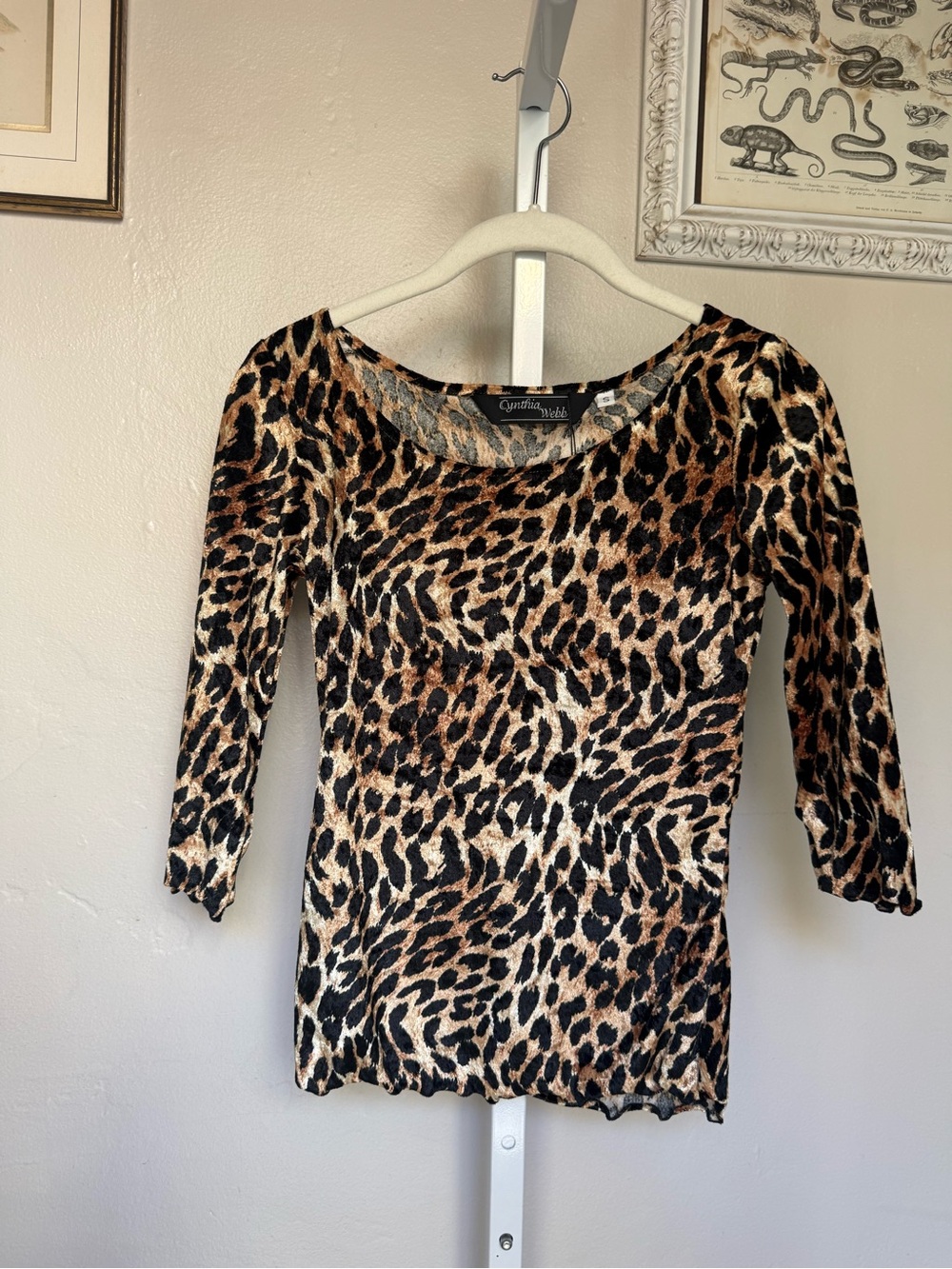 Vintage Velvet Leopard Print Scoop Neck Long Sleeve Top - Fitted but Stretchy S